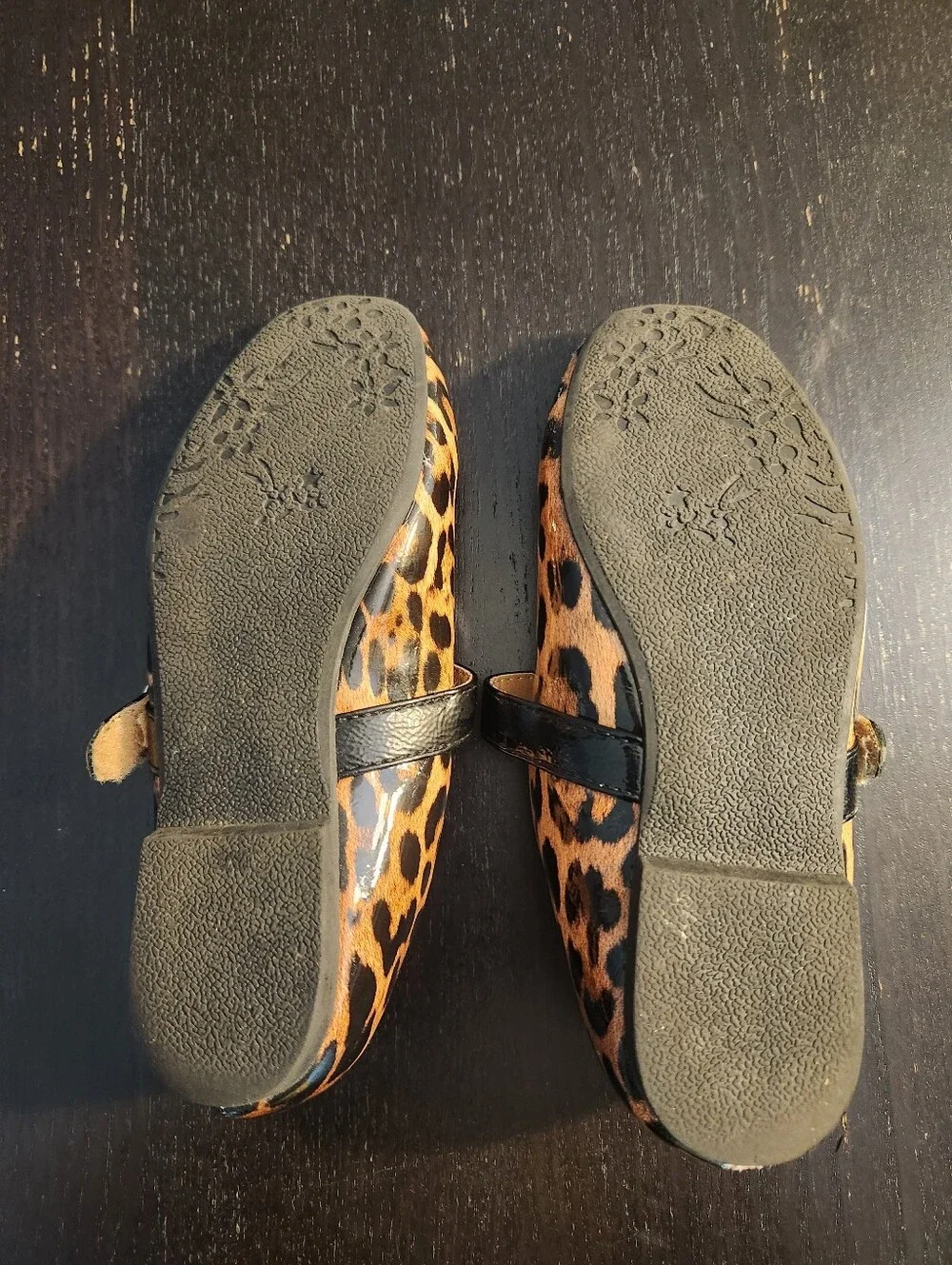 Girls Leopard Print Mary Jane Flats with Black Strap.
